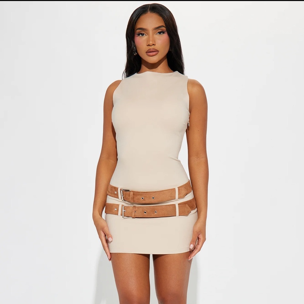 Elegant Beige Mini Dress with Belt Accents